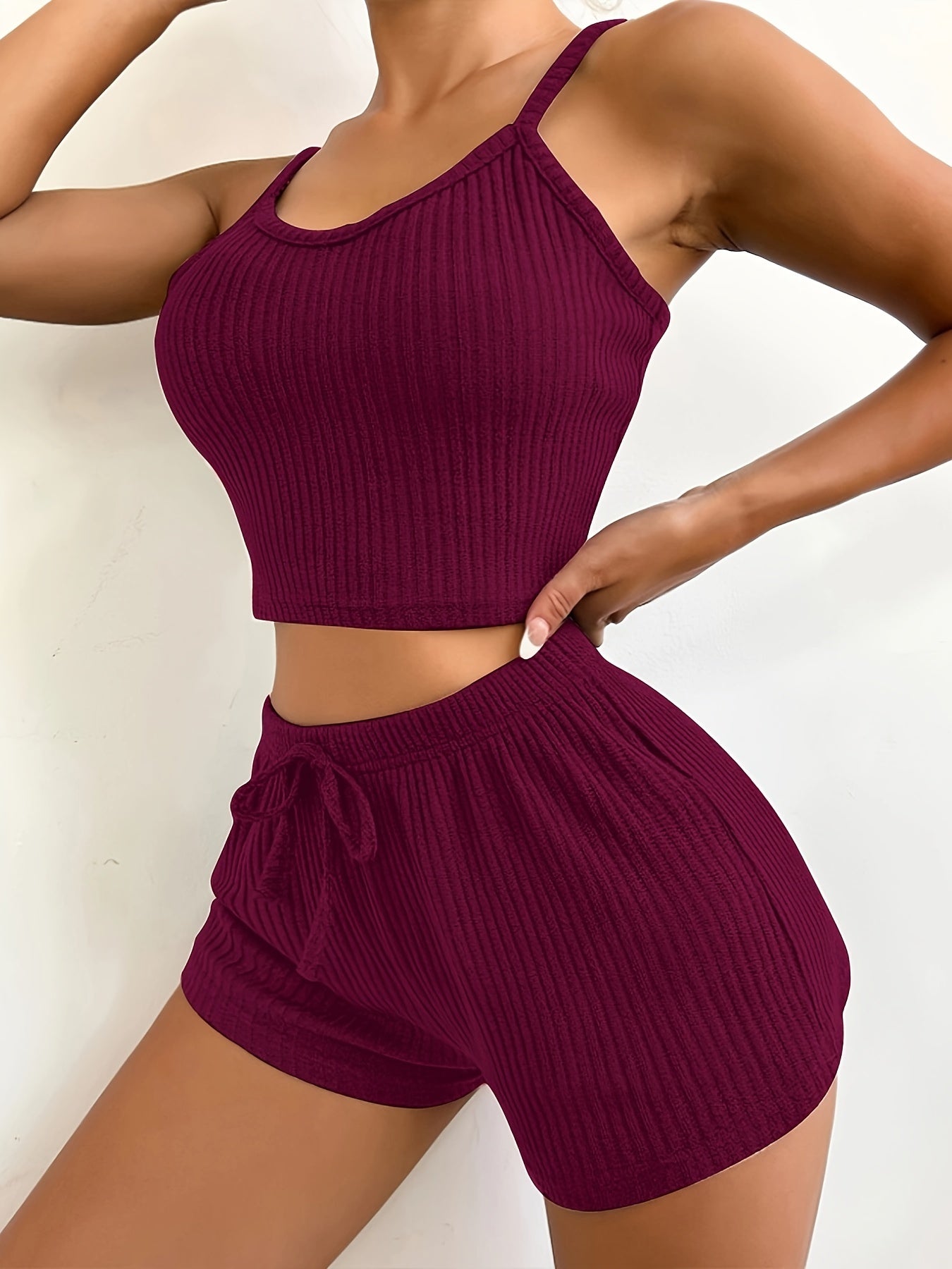 Solid Ribbed Slim Fit Lounge Set, Casual Round Neck Crop Cami Top & Drawstring Shorts, Women's Loungewear